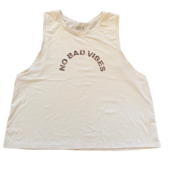 PINK Victorias Secret White Racerback Tank “No Bad Vibes” Size M - Picture 1 of 4